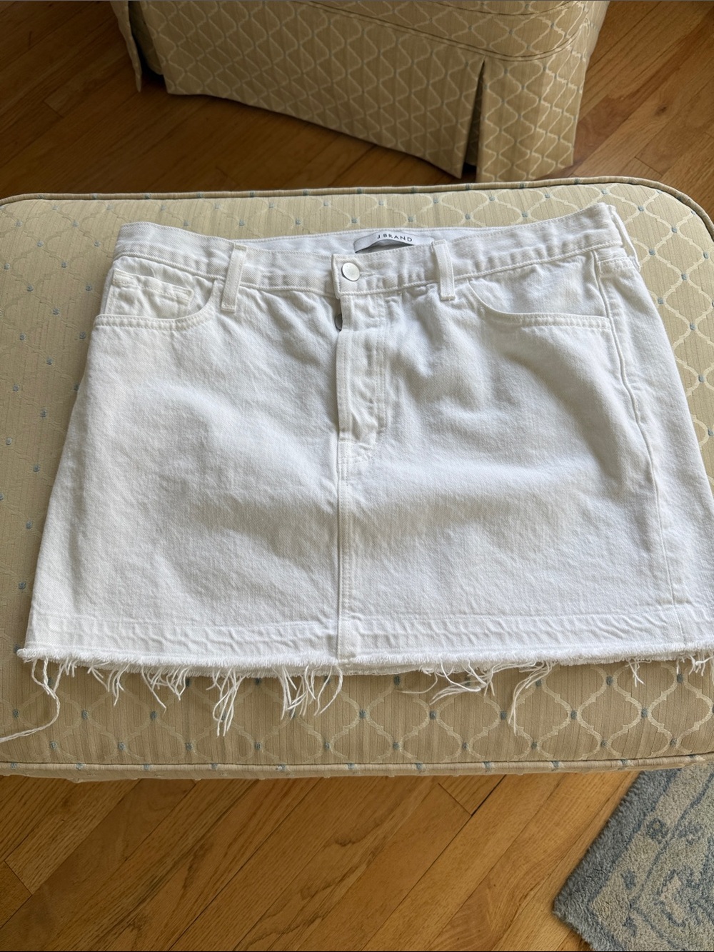 J Brand White Denim Frayed-Hem Mini Skirt, size 30